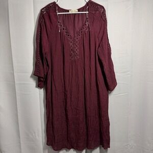 Indigo Rose Tunic Dress 1X Burgundy Crochet‎ Lace Trim Boho Shift